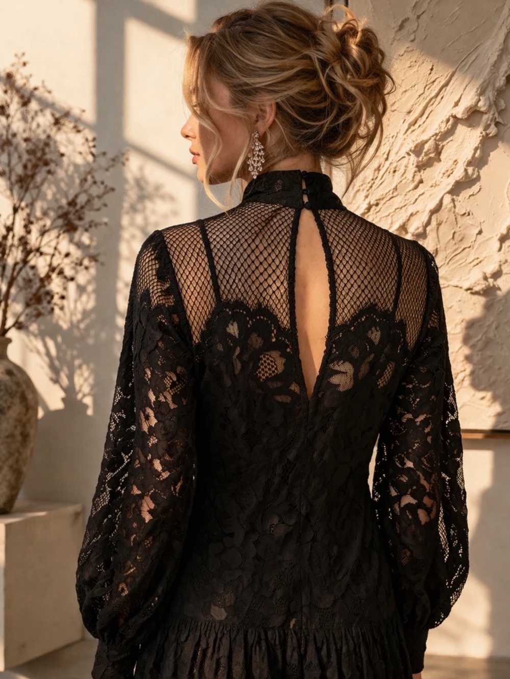 H&M Black Floral Lace Long-Sleeve Dress